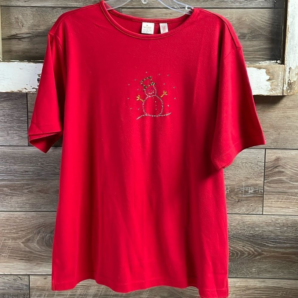 Wish For Joy Ladies Rhinestone Snowman Top, Size 16-18W, Red, Plus Size